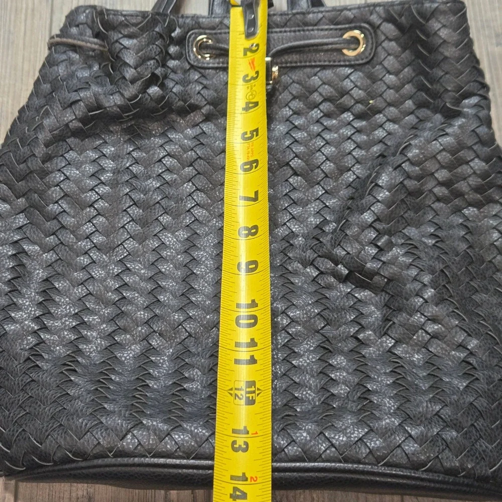Anthropologie Deux Lux Black Woven Faux Leather Backpack Drawstring Flap Closure